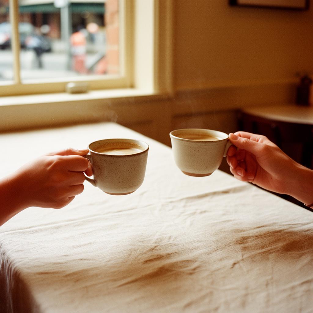 Two hands holding ceramic coffee cups across a linen table