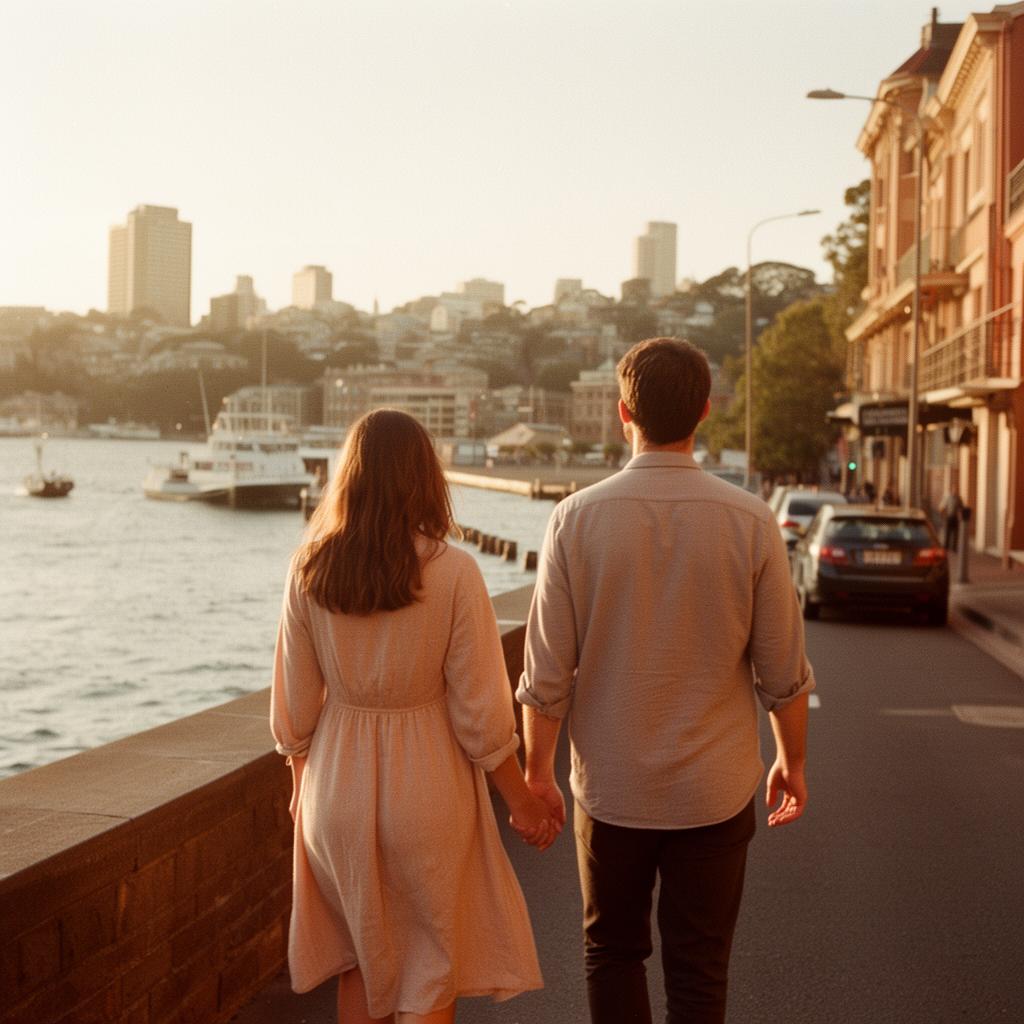 Couple walking the Sydney harbour at golden hour